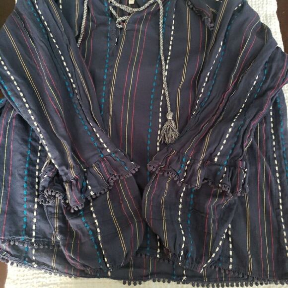 Ella Moss Blouse Womens L Blue Top Braided Tassels Fring Semi Sheer Boho Peasant - Picture 5 of 10
